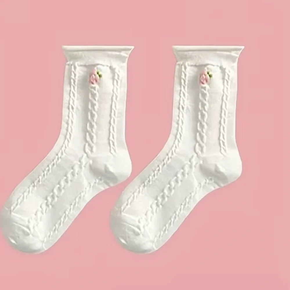 5-Pack Women's Socks, White Lace Mid-Calf Sweet Tulip Pink Embroidered Socks Set